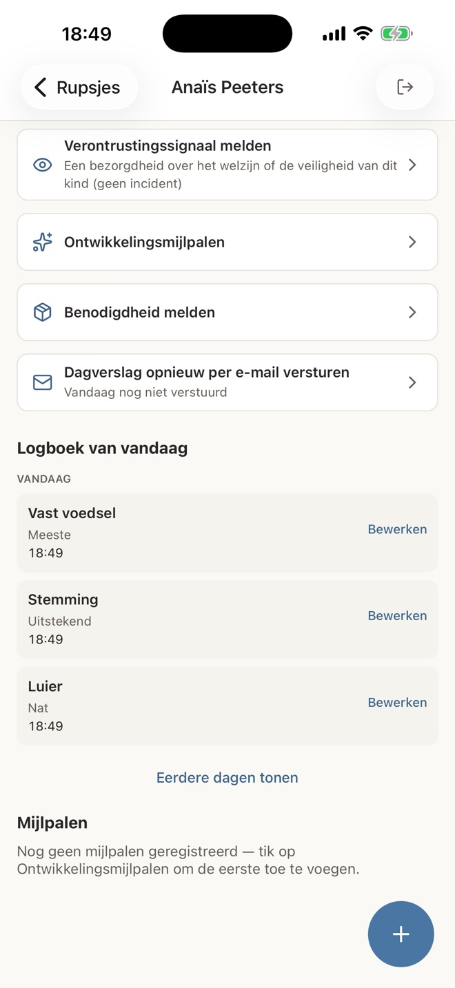 MigoCare Kiosk on a phone: a child's day with today's log